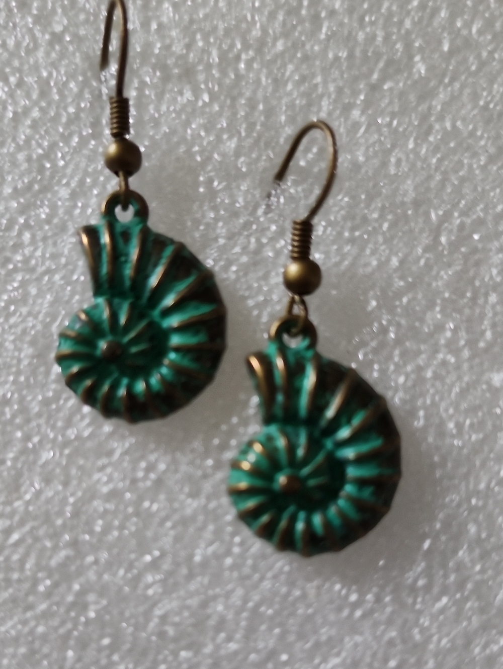 Hand Crafted Turquoise Patina Spiral Shell Drop Earrings